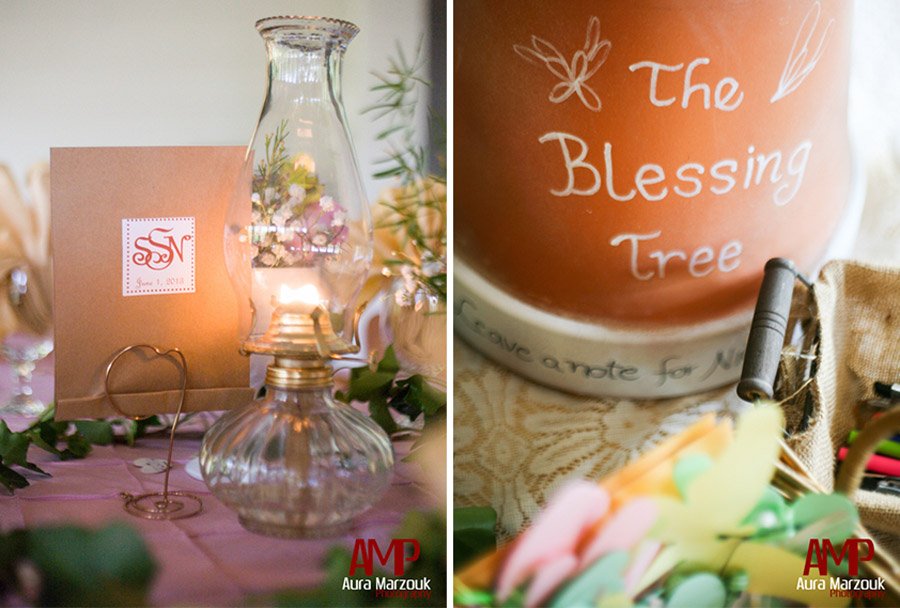 Monogram table numbers with lantern centerpieces at this Summit Dining Hall reception. © Aura Marzouk Photography