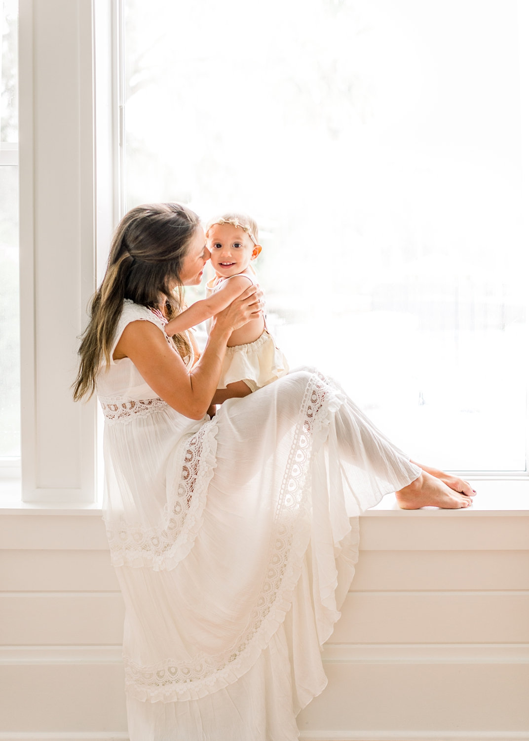 sheer white dress for motherhood portraits, mother and daughter, window portrait, Rya Duncklee Photography