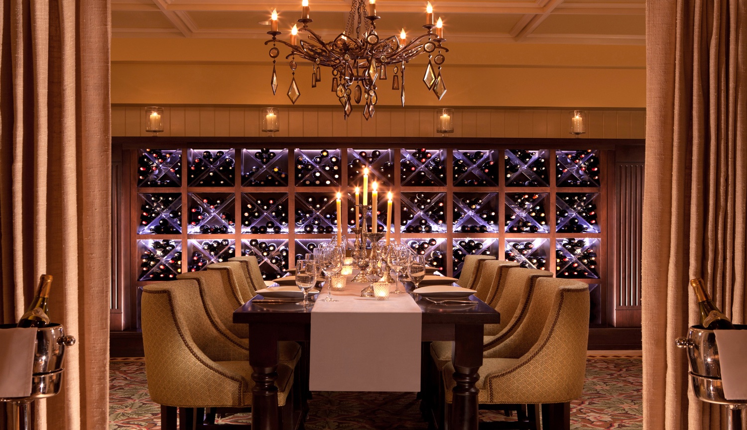 Restaurant 5 Star Private Dining Room set for 8 to 10 people in the Wine room at Lapalya resort in Naples.