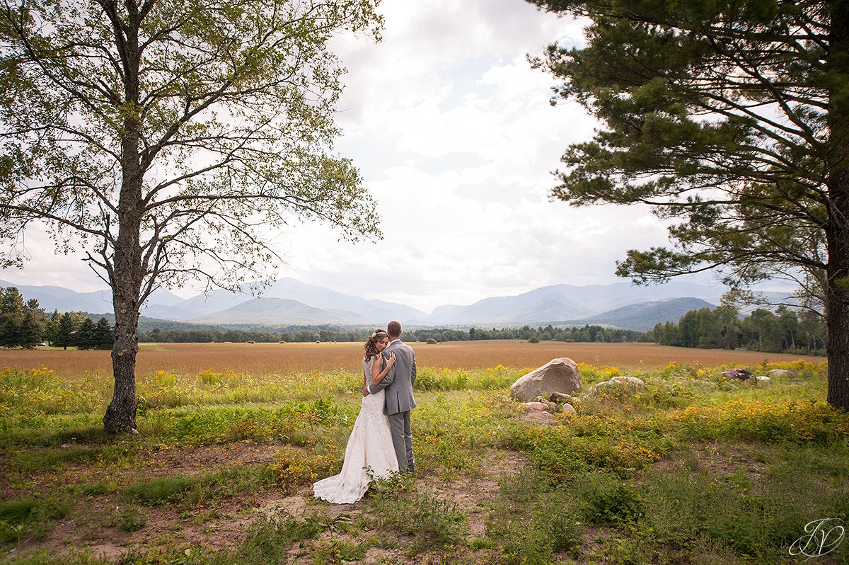 bridal portrait in front of mountain lake placid