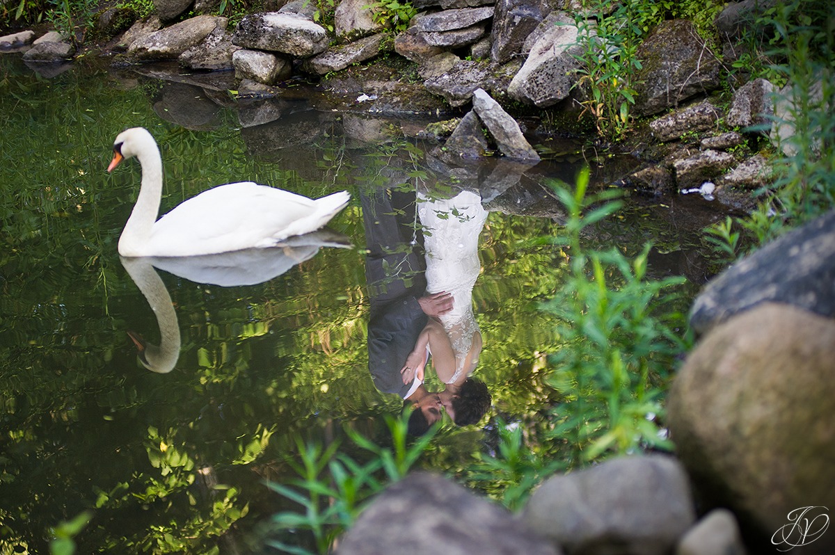 reflection of bride and groom in water