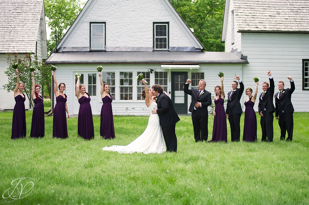 fun outdoor bridal party photo, mabee farms historic site, wedding at mabee Farms, Schenectady Wedding Photographer, Key Hall Proctors reception