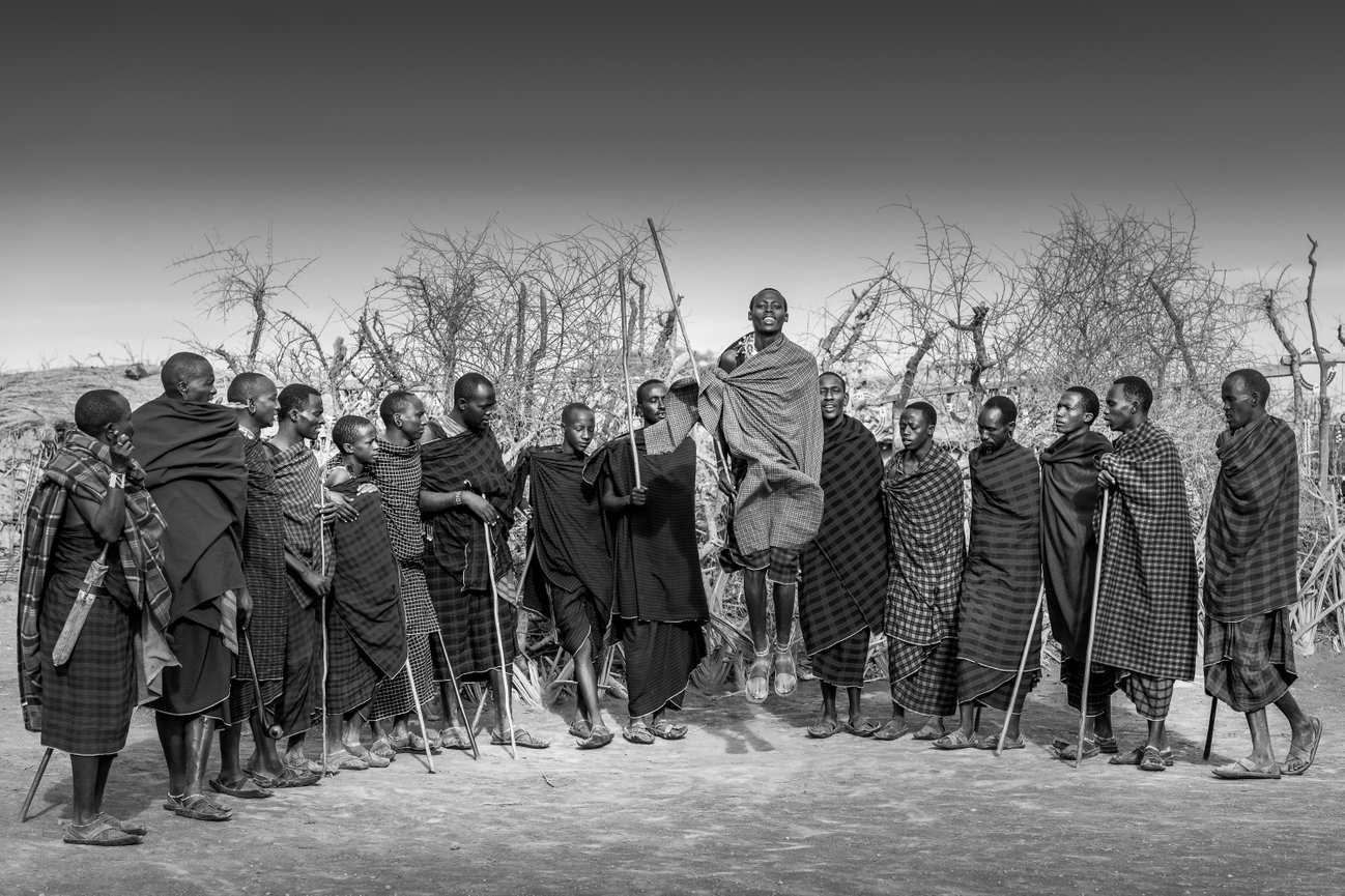 Tanzania Africa Black and White image of Masai Warrior Dance