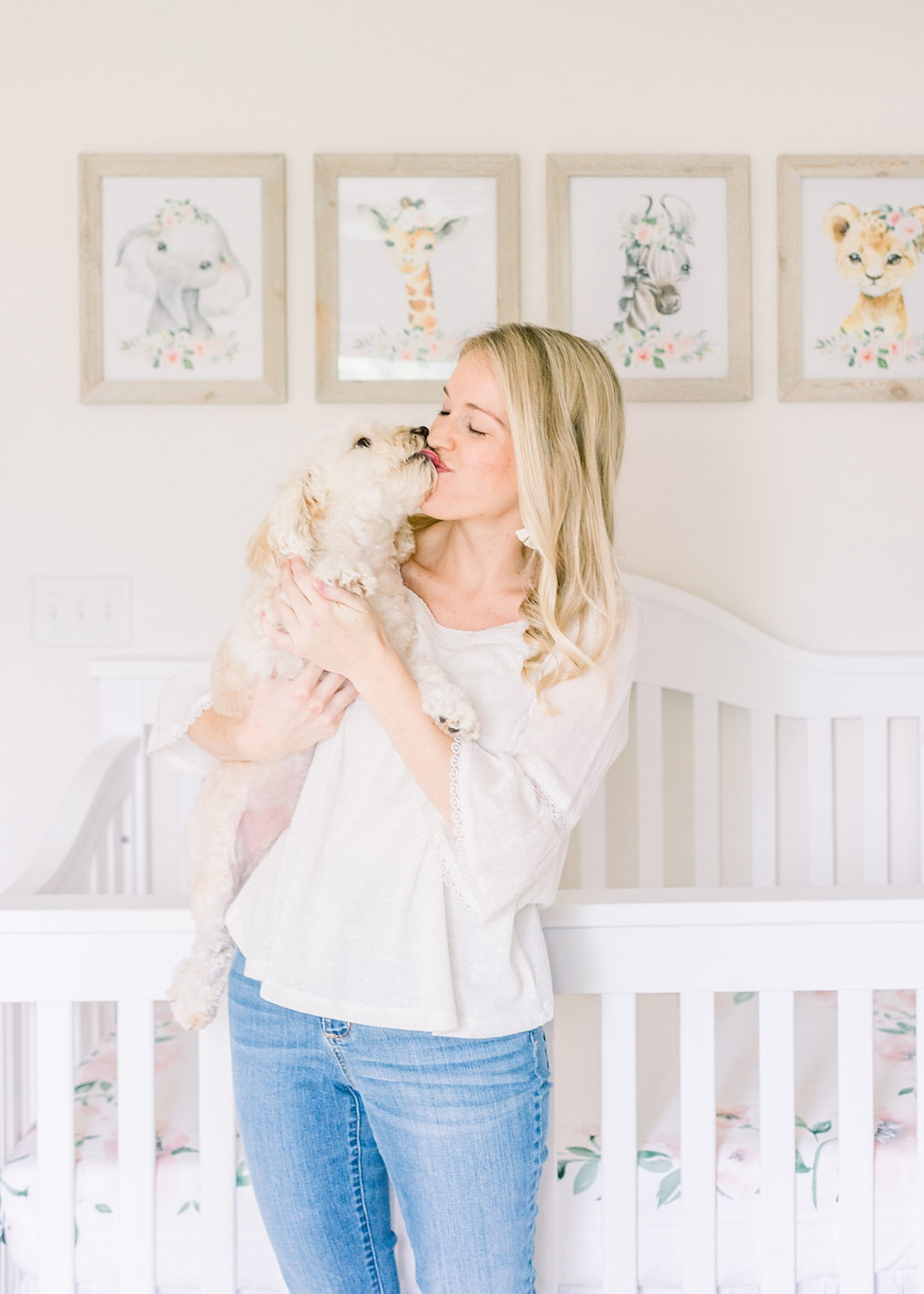 mom and dog newborn photos, new mother with dog in front of crib, Rya Duncklee Photos