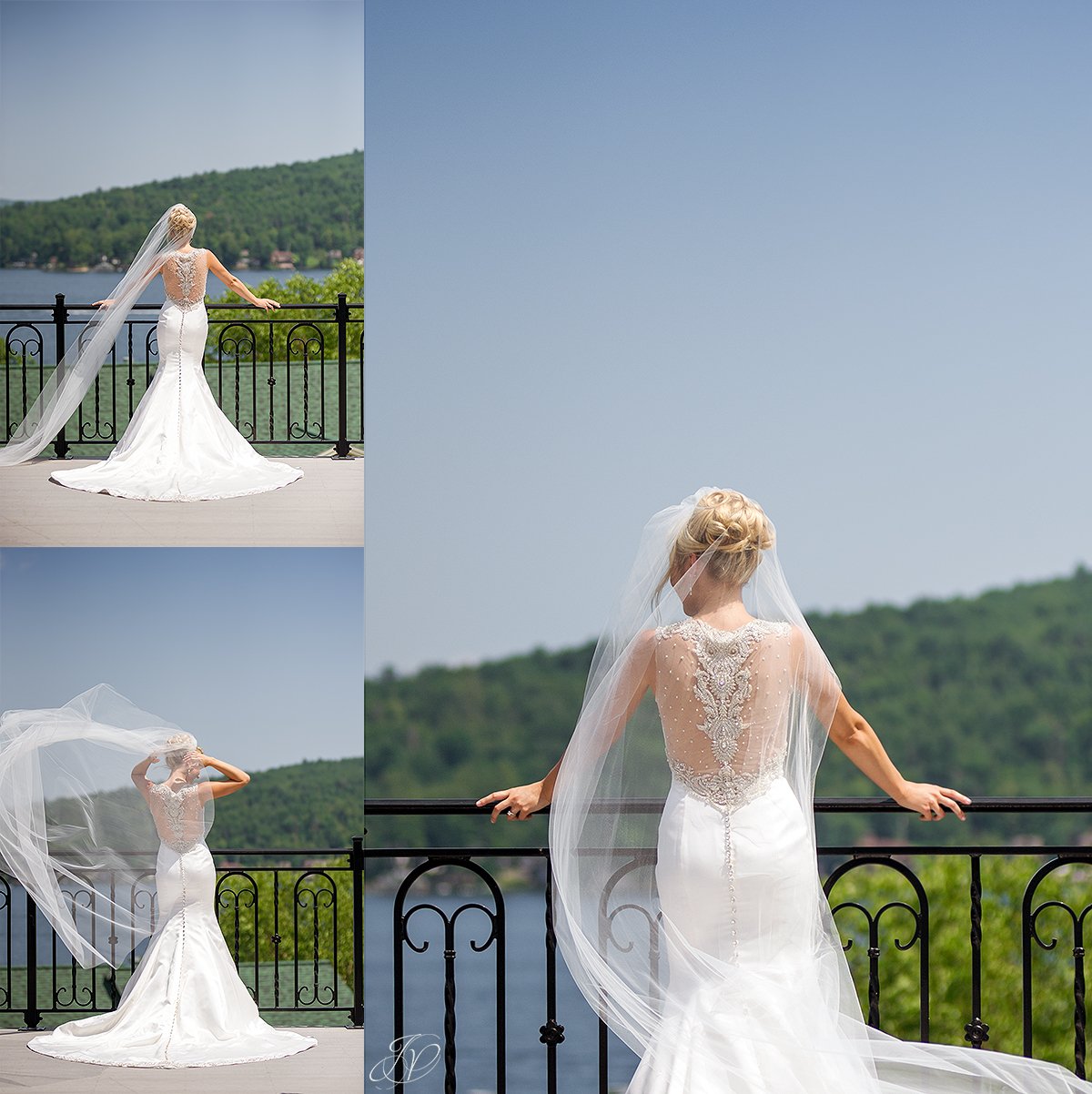 bridal portrait on balcony with long flowy veil, ines di santo bridal gown