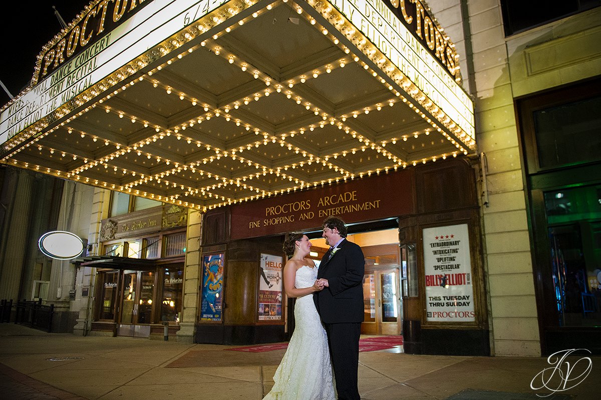 bride and groom in front of key hall proctors, candid reception photos at key hall proctors, fun dancing candid, fun candid reception photo, fun reception candid photos, Schenectady Wedding Photographer, Key Hall Proctors reception