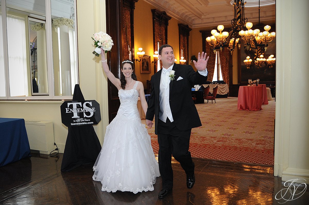 bride and groom being announced, bride and groom just married, The Canfield Casino wedding, Saratoga Wedding Photographer, wedding in congress park photo