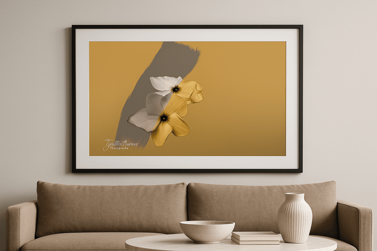 Fine art print of a delicate blossom with silver and gold tones against a minimalist background.