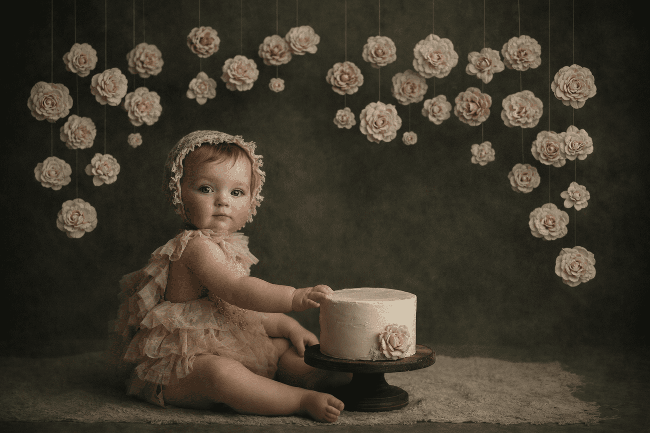 Fine art heirloom portrait of baby with cake in studio with floral by Austin portrait photographer Texas Vogue Photography.