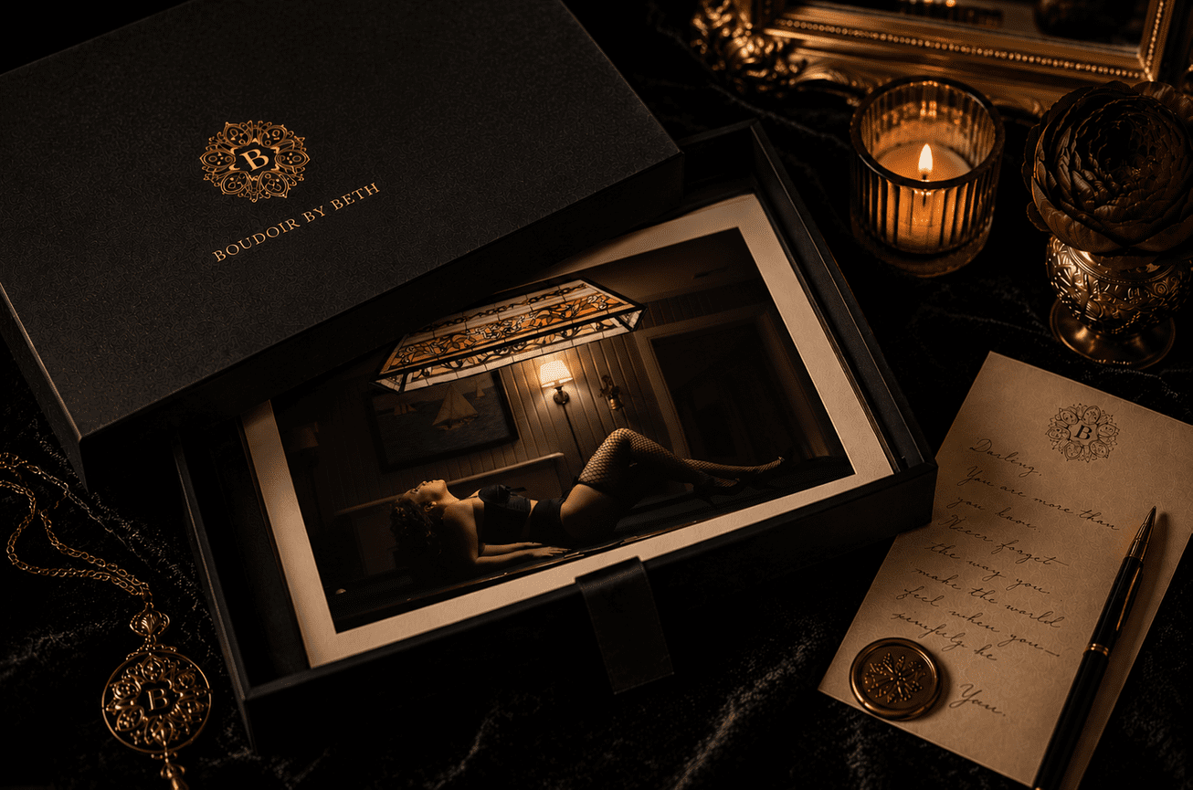Luxury boudoir folio box displaying fine art portrait prints and custom artwork from a Dallas boudoir photography session.