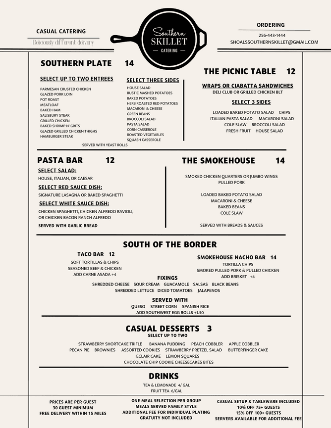 CASUAL CATERING MENUS Southern Skillet Catering