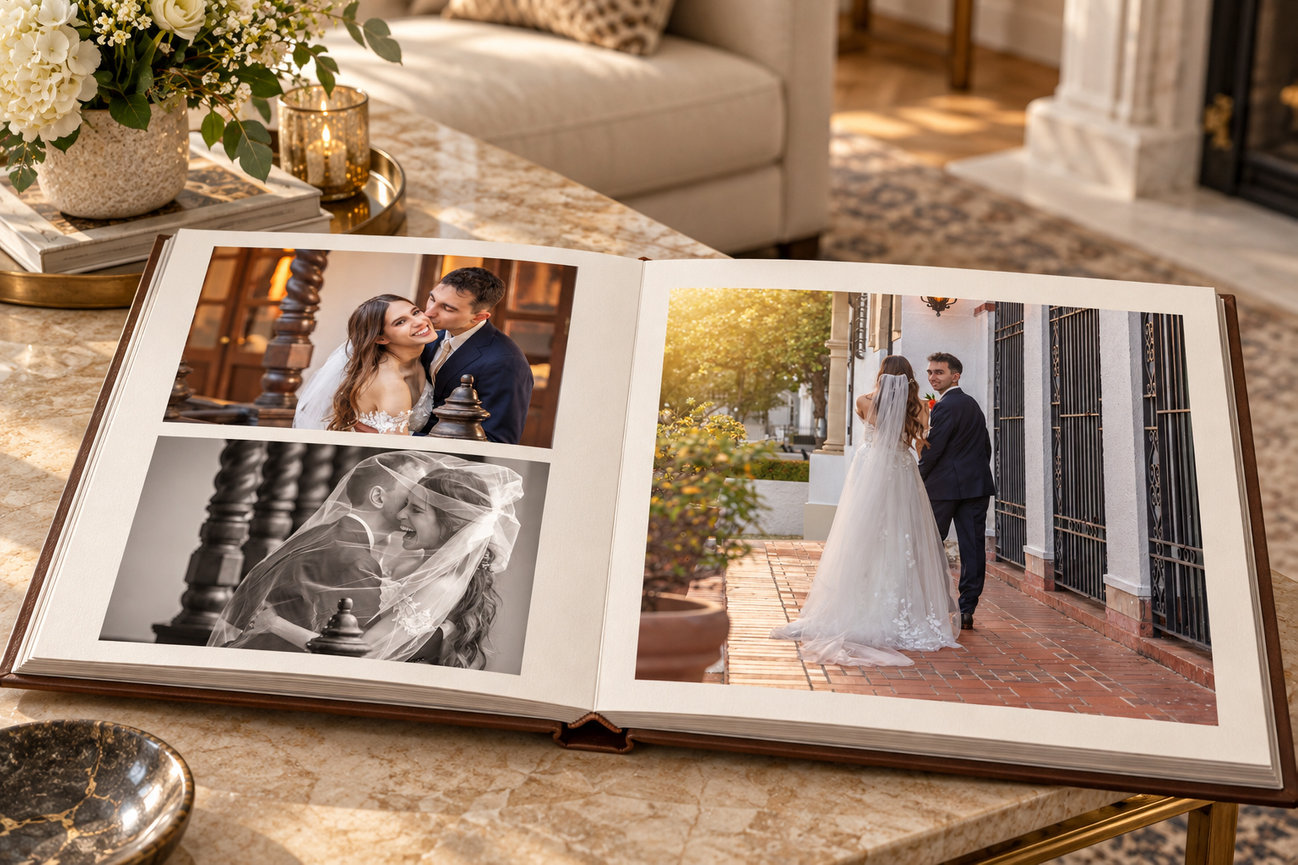 Open heirloom wedding album displayed in an elegant home