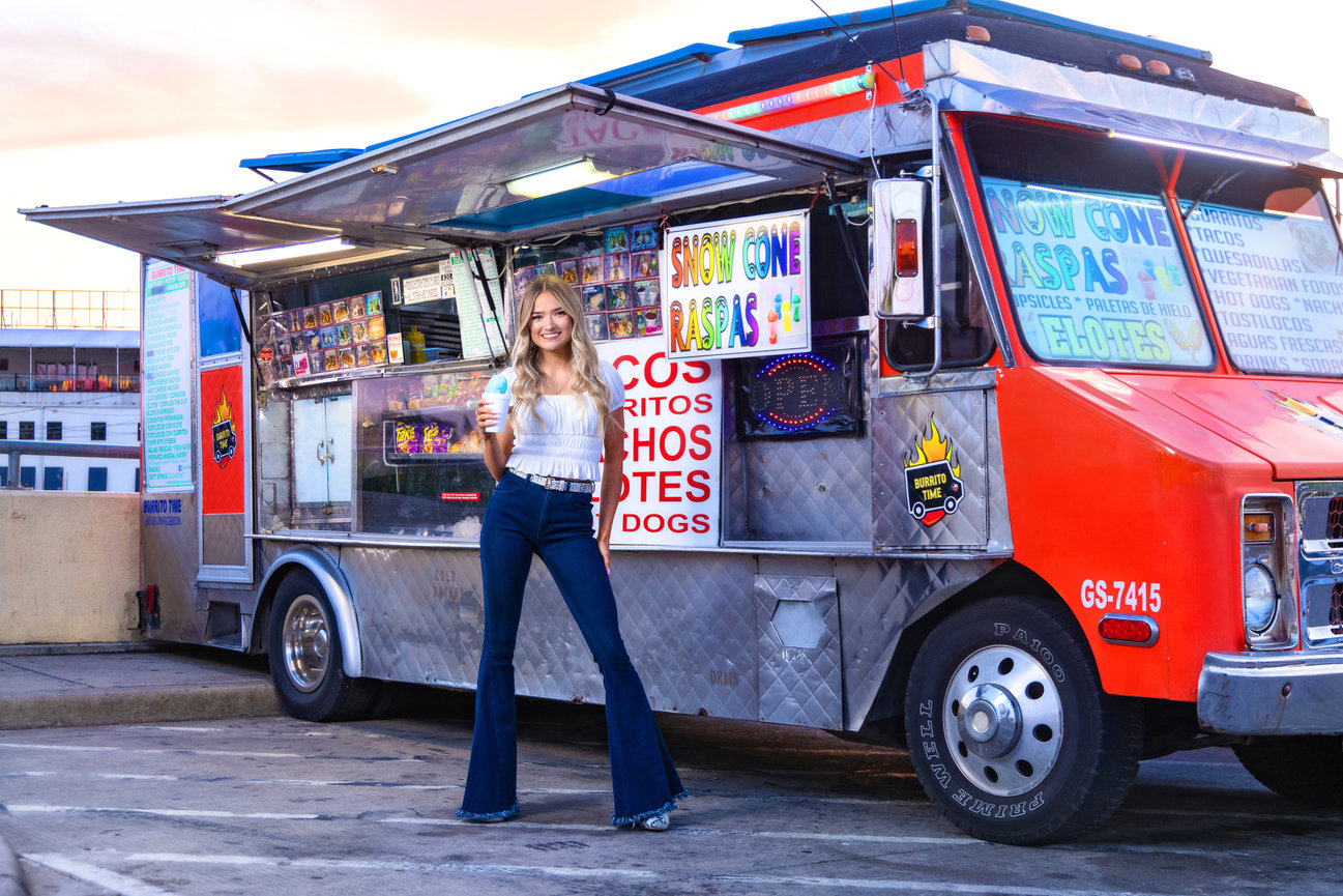 High school senior girl taco truck picture snow cone dallas