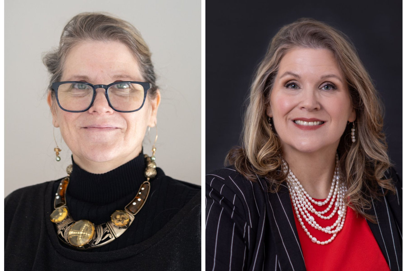 before and after headshot showing hair and makeup on white business woman with glasses