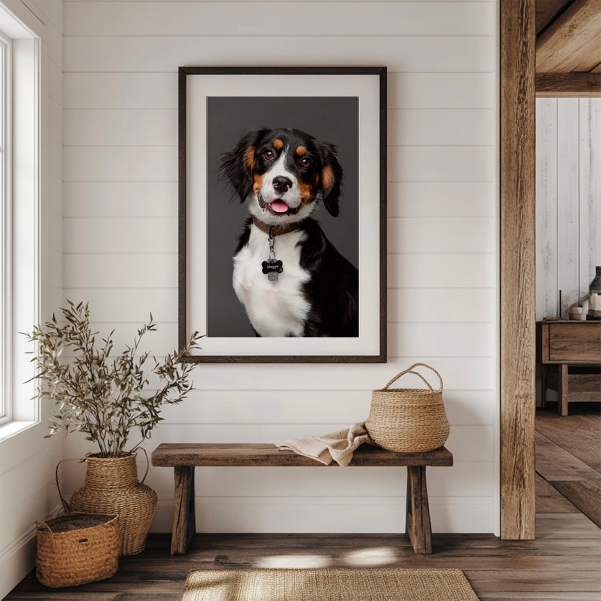 Custom dog wall art featuring a Bernese Mountain Dog mix, photographed by professional pet photographer BarkHop Studio in Chester County PA
