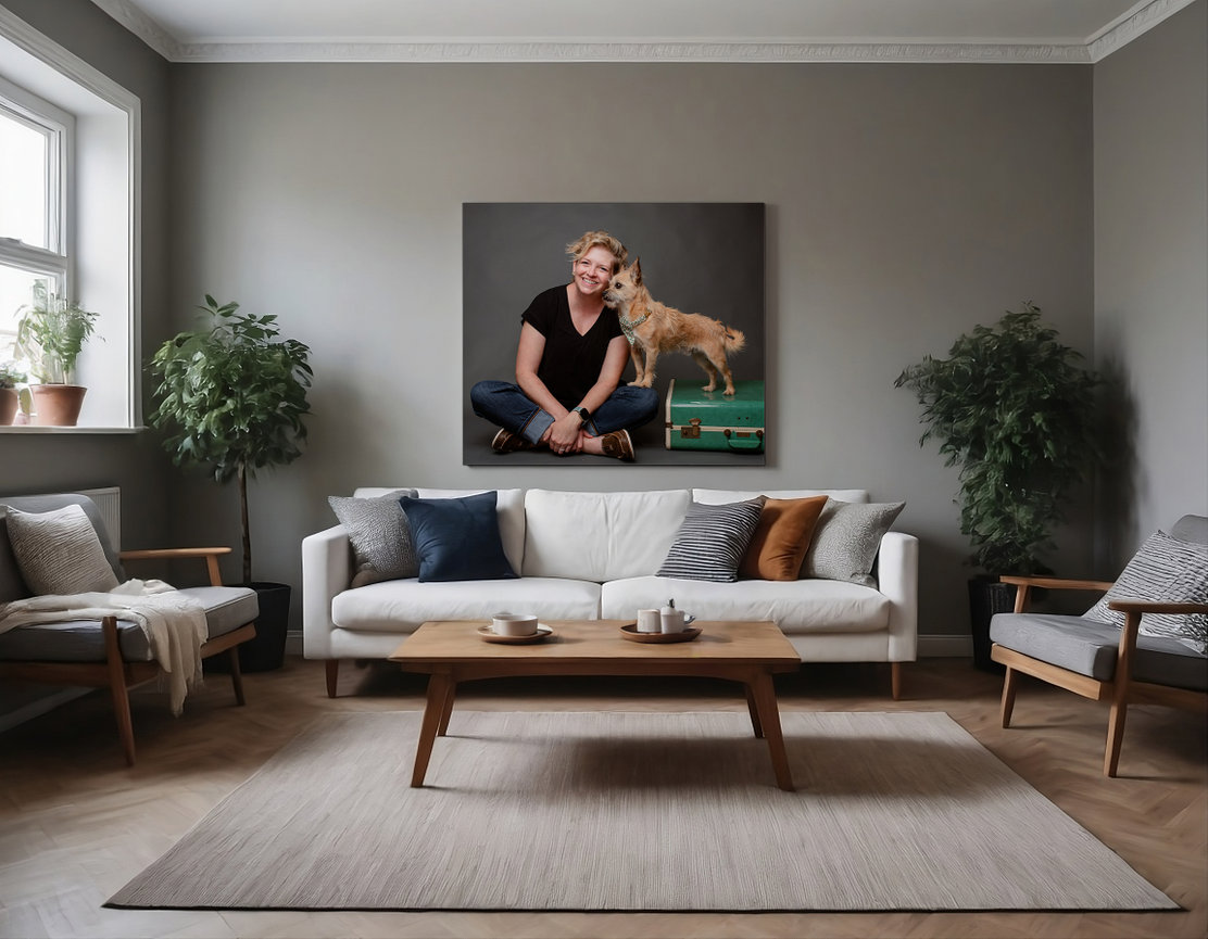 Custom studio portrait and wall art featuring a dog mom and her pup and their connection photographed by BarkHop Studio, a pet photographer near the Philadelphia suburbs