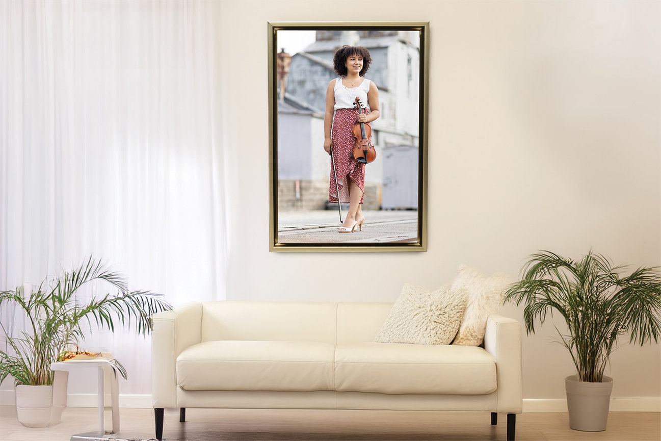 Senior portrait wall art displayed as a refined statement piece, captured on location and designed for the home