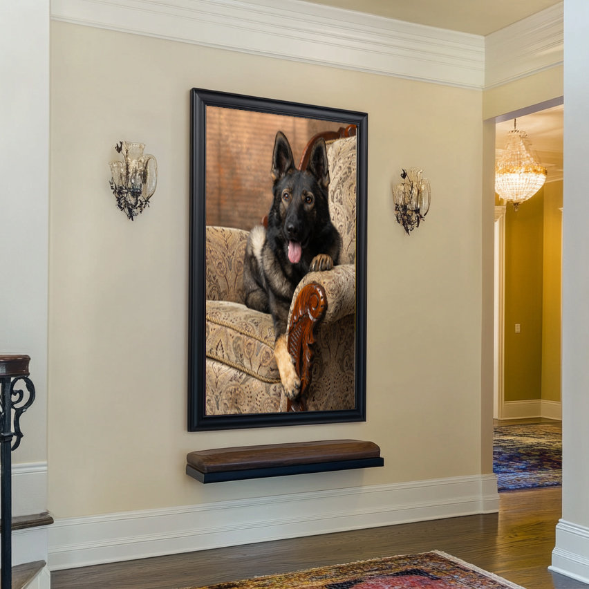 Framed fine-art portrait of a German Shepherd lounging on an ornate armchair, displayed in an elegant hallway with classic wall sconces.