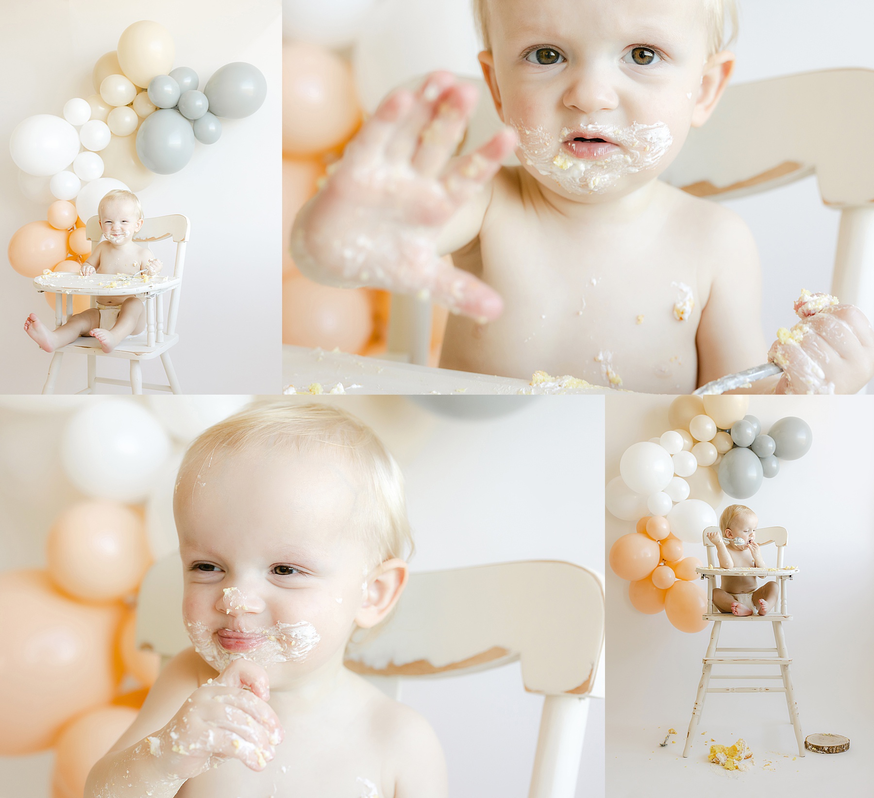 baby boy eating white cake in a white high chair with balloons in the background