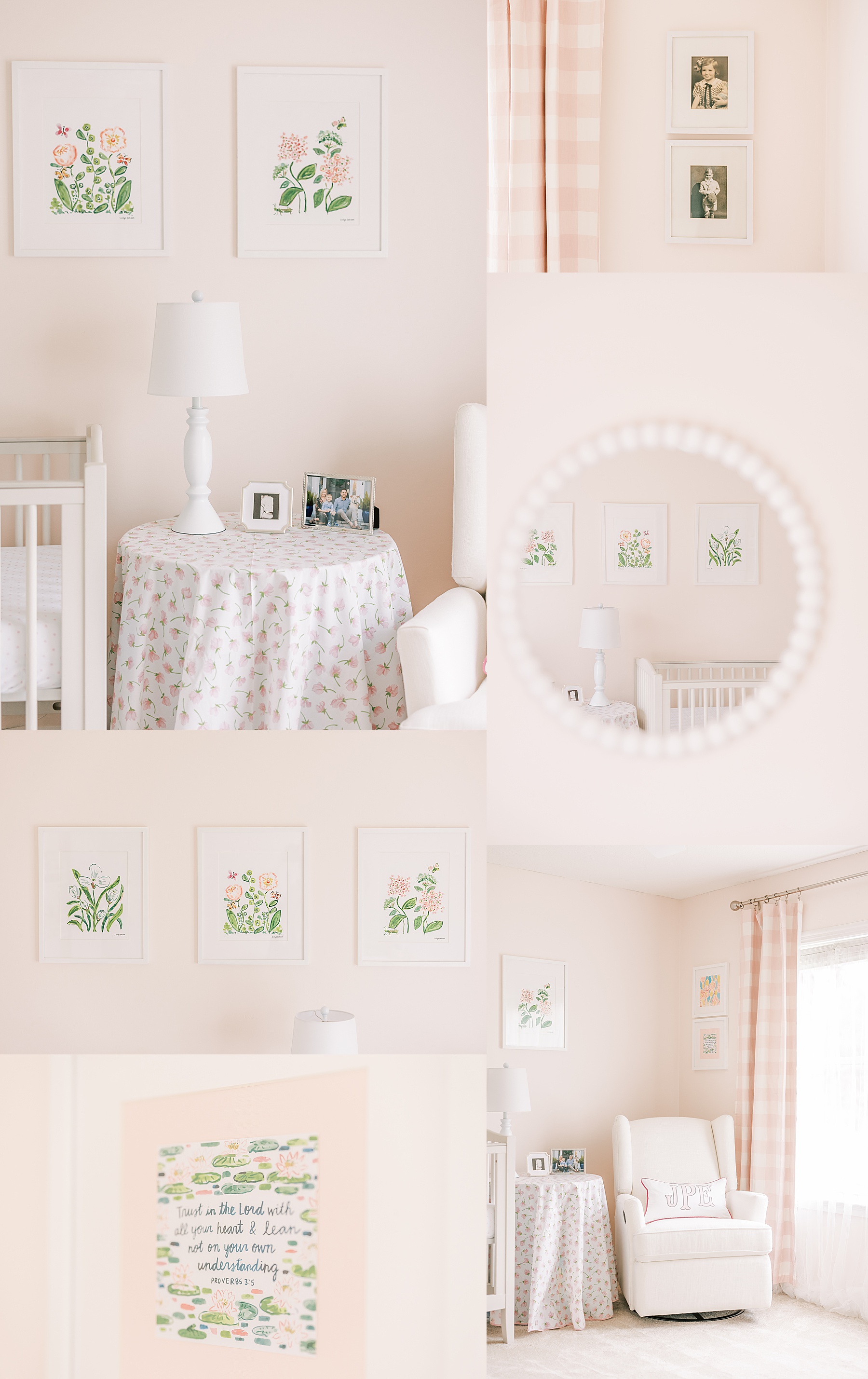 collage of pink baby girl nursery images, neutral newborn nursery, pink walls, botanical prints