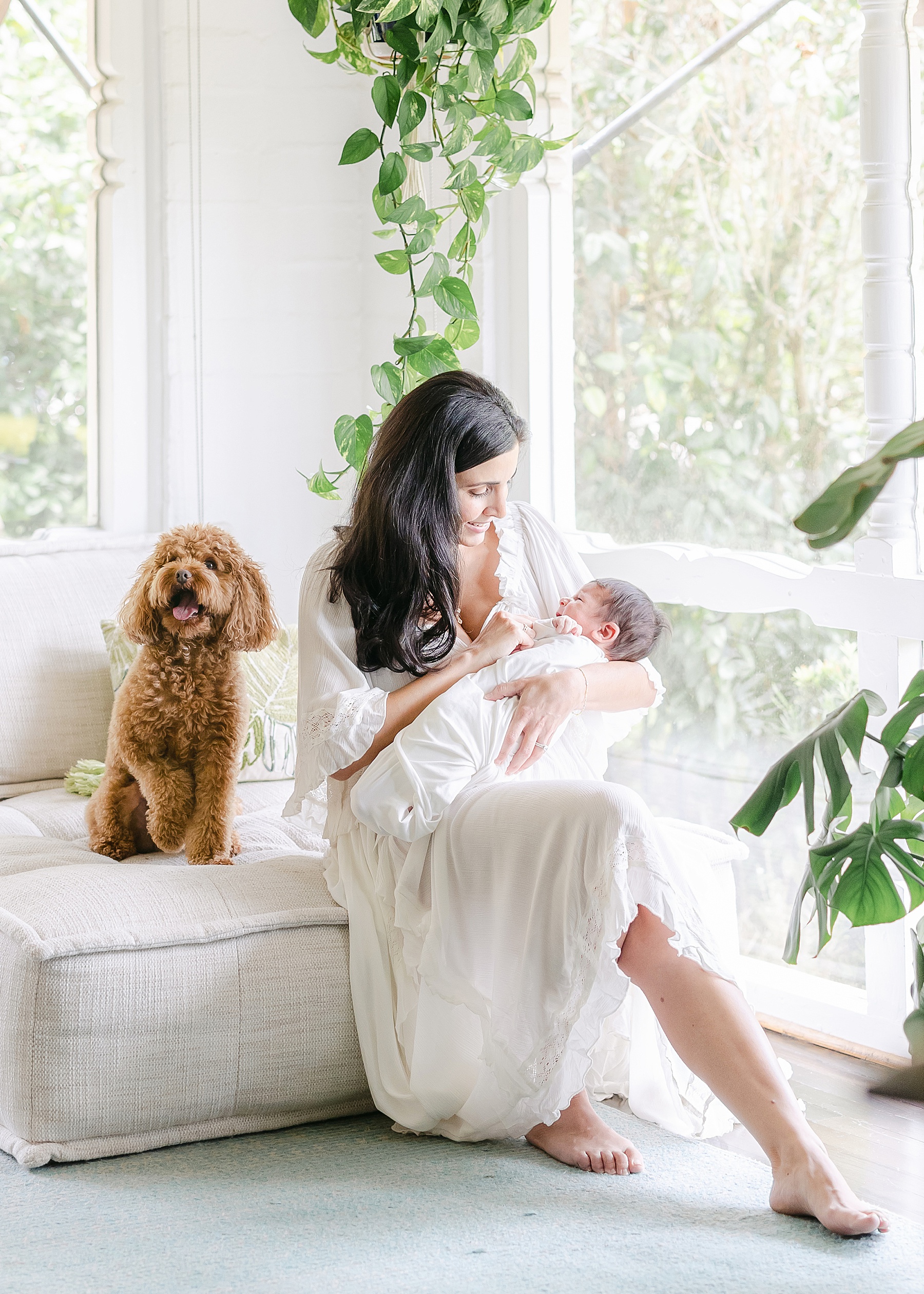 woman in long white dress holding newborn baby boy in sunroom with hanging plants and dog