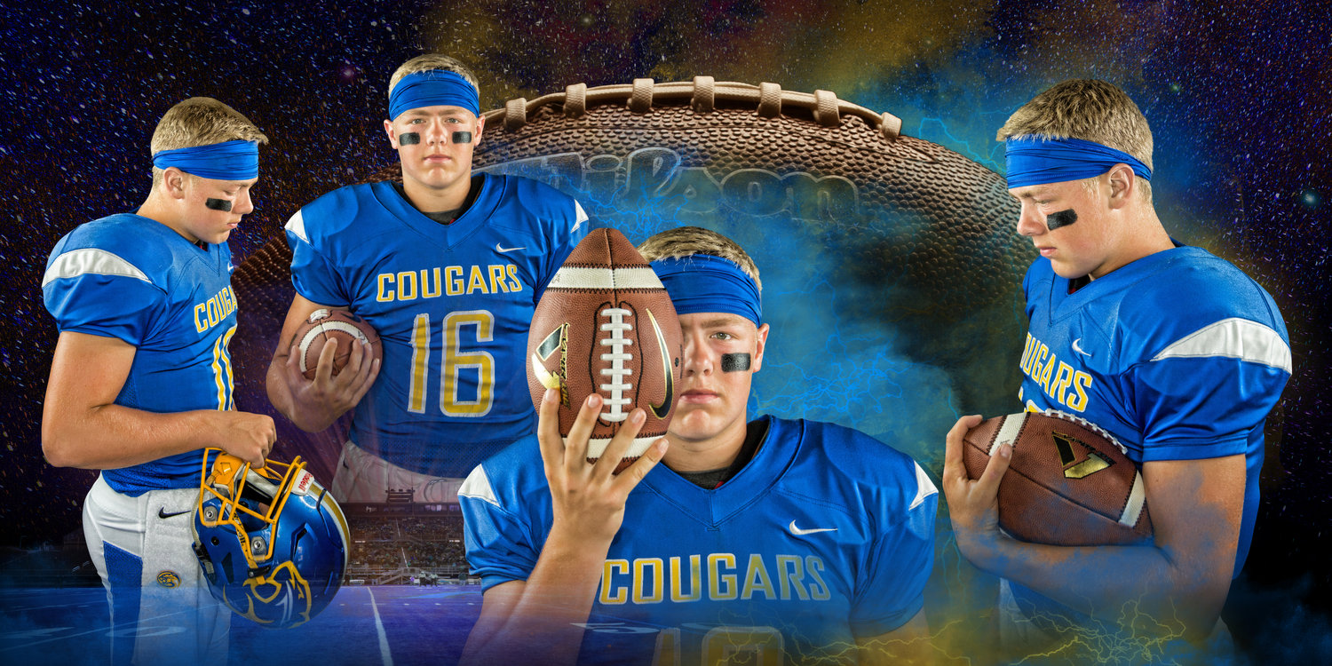 Teen football player in blue Cougars jersey poses with football against cosmic background.