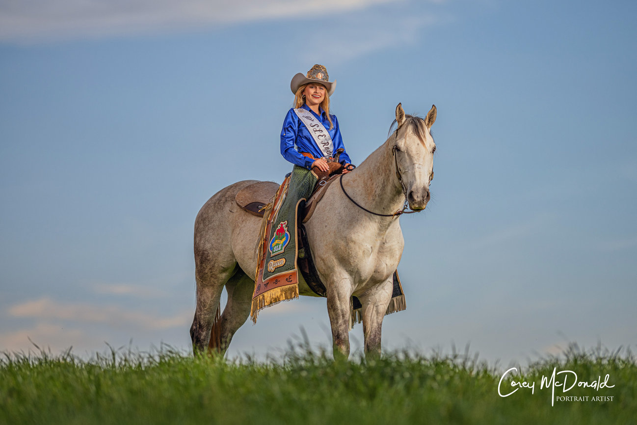 Rodeo queen on a white horse, wearing a blue shirt and crown, standing on grassy hill under blue sky.