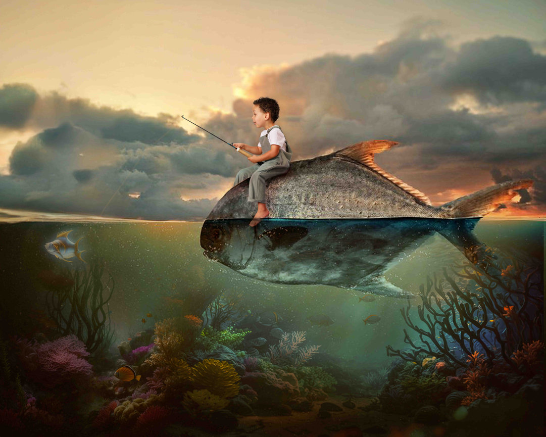 A child fishing while sitting on a giant fish with vibrant coral and marine life below. Storybook Images whimsical artwork of children.