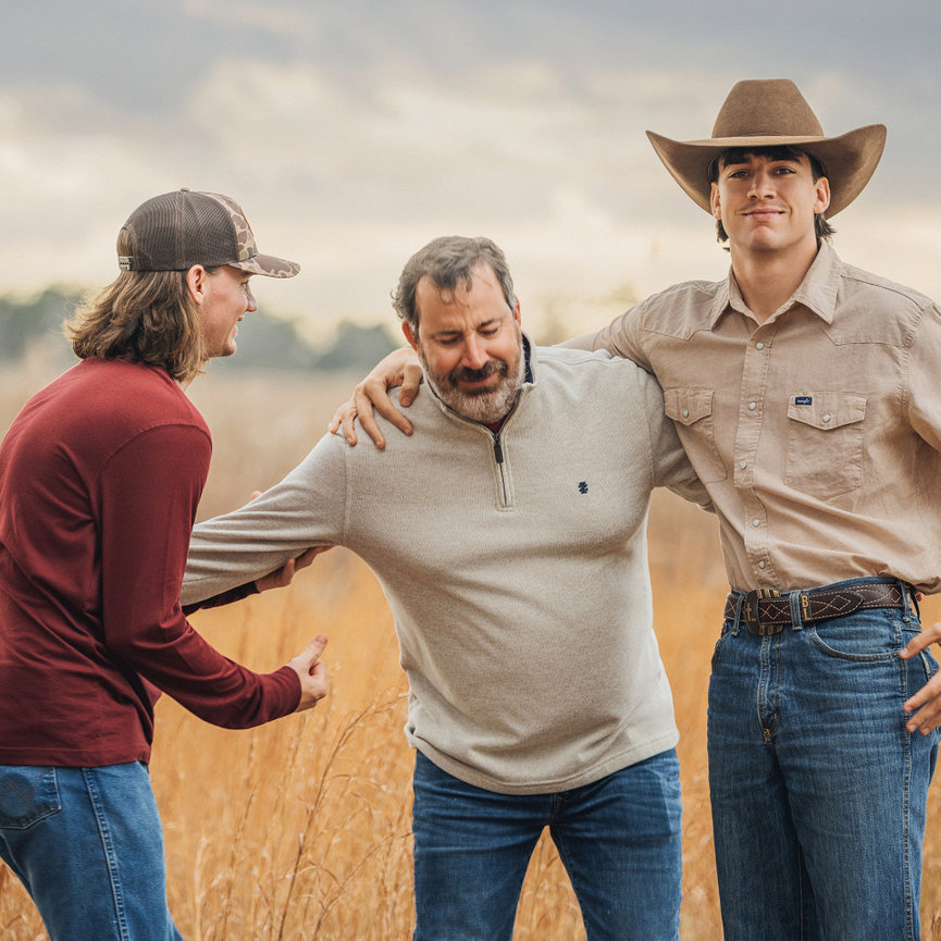 Three men in casual attire stand together in a field, smiling and enjoying a light moment.