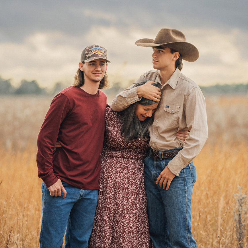 A woman in a floral dress embraces two young men in a field, with one wearing a cowboy hat and the other a baseball cap.