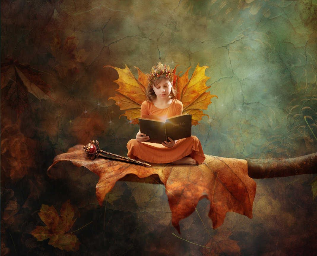 Fantasy scene of a woman sitting on a tree branch surrounded by glowing autumn leaves in a dark forest
