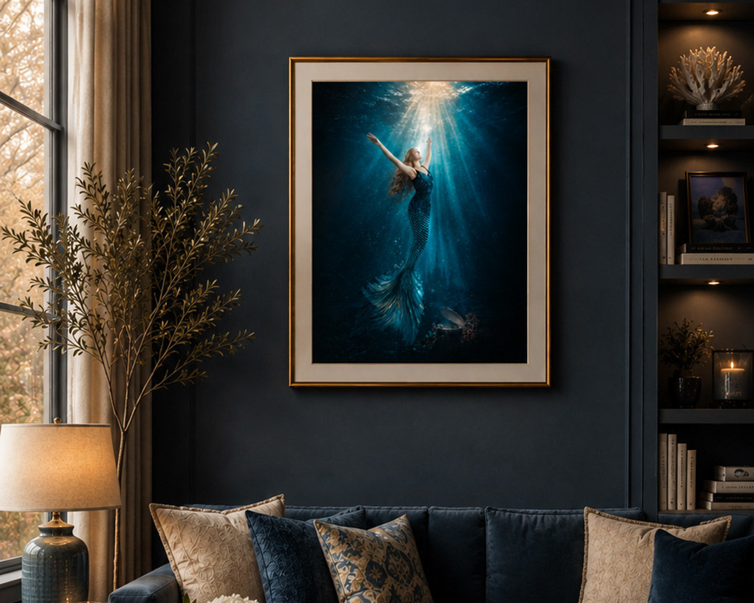 Storybook Images mermaid artwork above a dark sofa with pillows, floor lamp, shelves, and dried branches