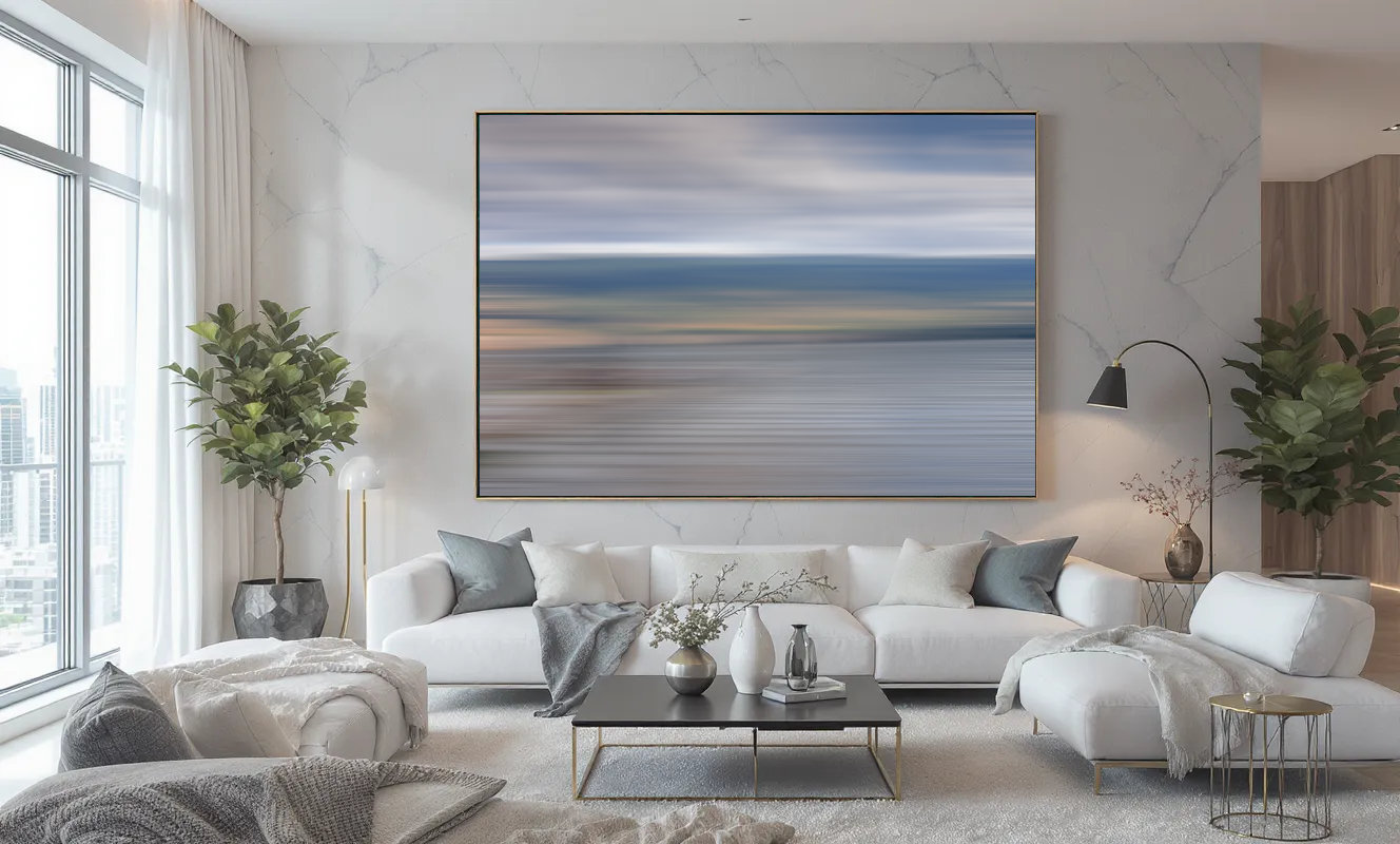 Whispers of Dawn by Andrea Bruns Photography an abstract seascape wall art display in a luxury living room with costal design elements