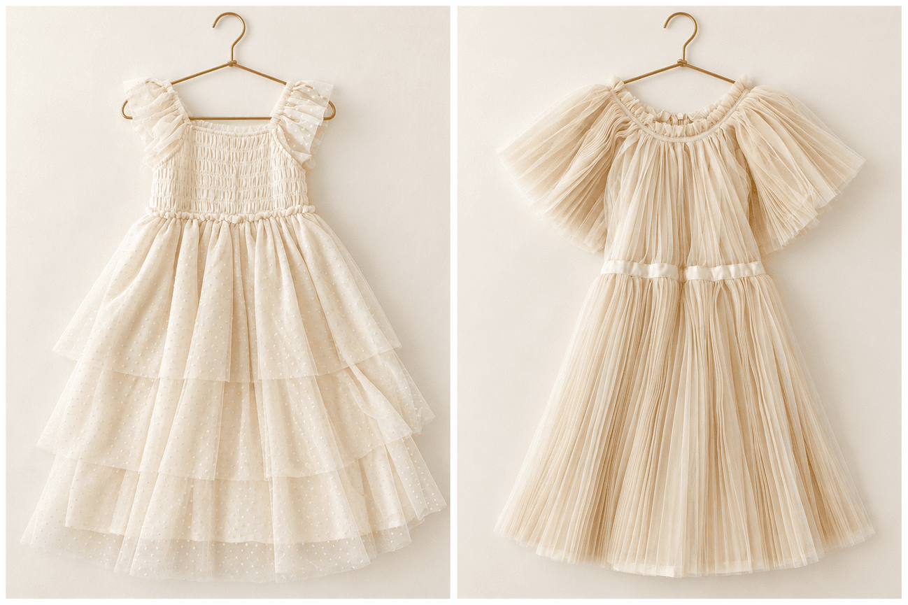 Two cream girls’ dresses with delicate tulle and soft ruffle details