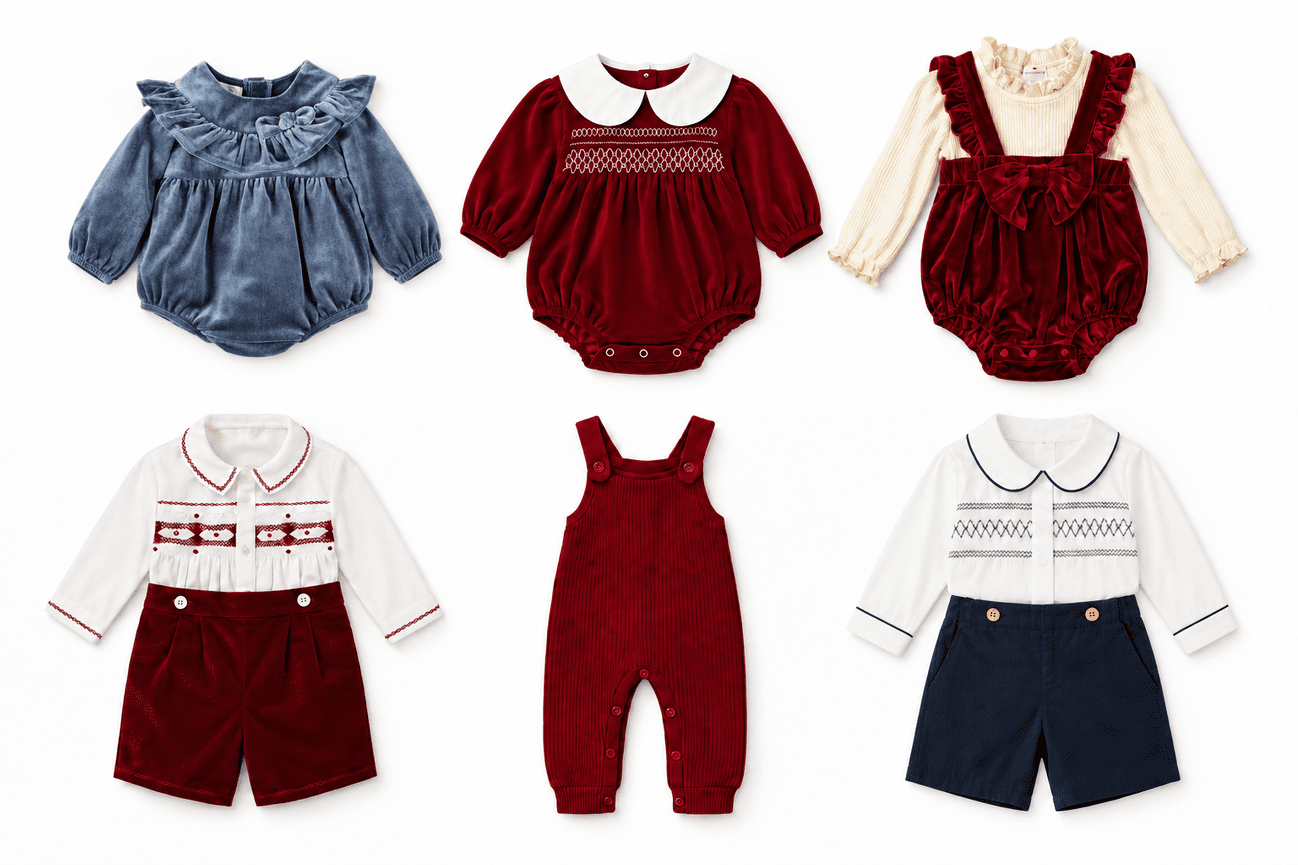 Holiday baby wardrobe preview in dusty blue, burgundy, ivory and navy, with velvet rompers and classic smocked outfits