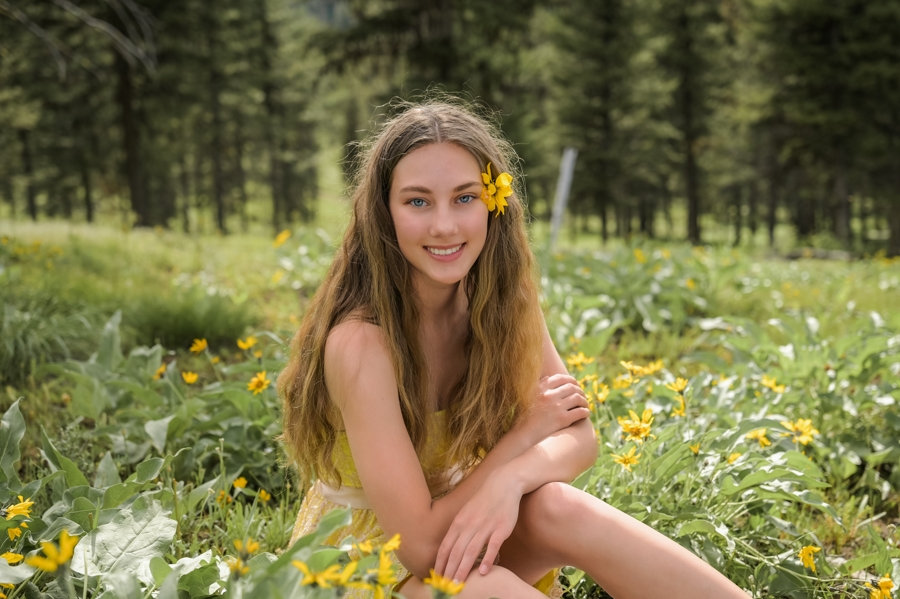 senior year girl in yellow wildflowers in McCall, Idaho