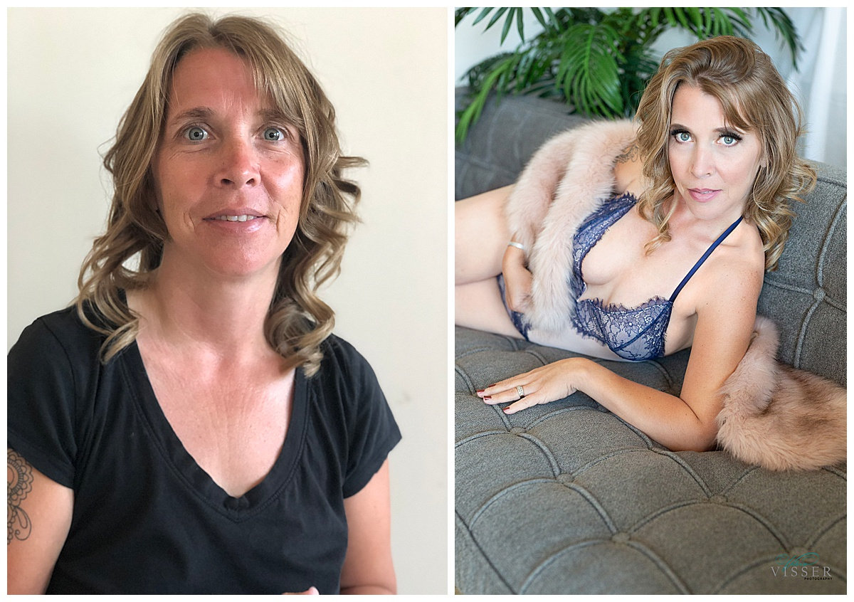 Two-part image: Left shows a woman in a black top, right shows the same woman in lingerie on a couch.