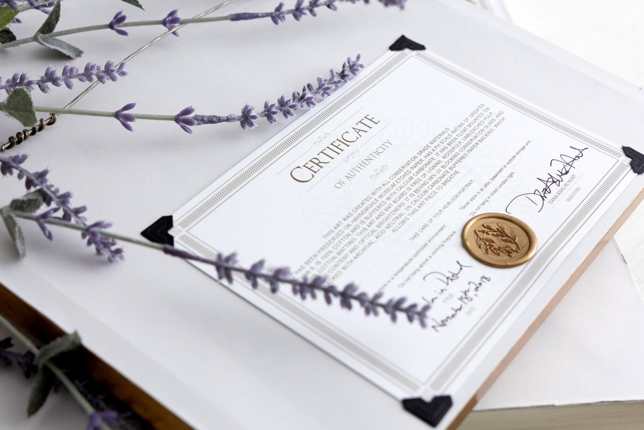 Certificate of authenticity for heirloom portrait, included on the back of each commissioned artwork to verify originality and craftsmanship.