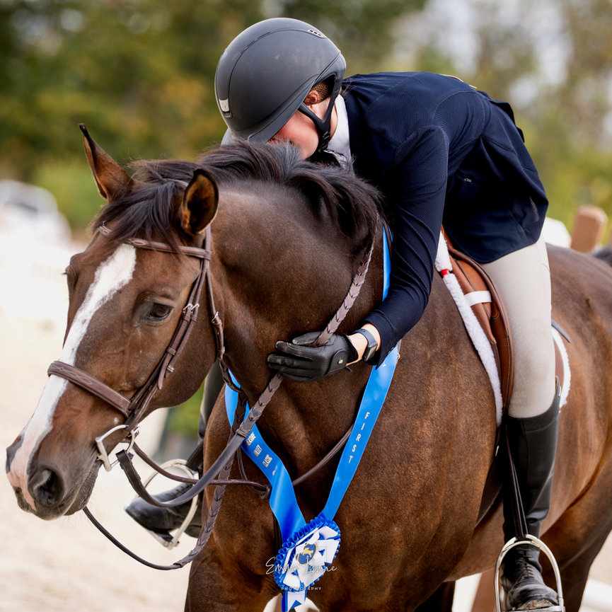 Close-up of an equestrian rider on a horse wearing a blue ribbon.
