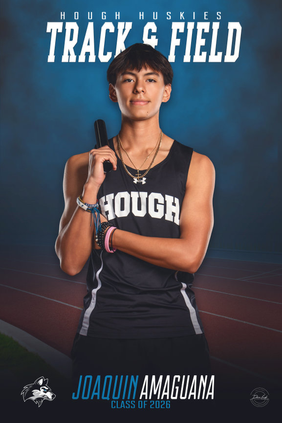 Teen athlete in Hough track uniform holding baton on track, with Hough Huskies Track & Field text above.