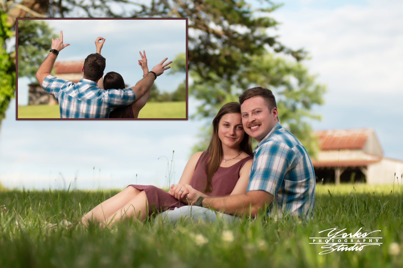 A couple sitting on grass, smiling and holding hands; inset shows them taking a selfie.