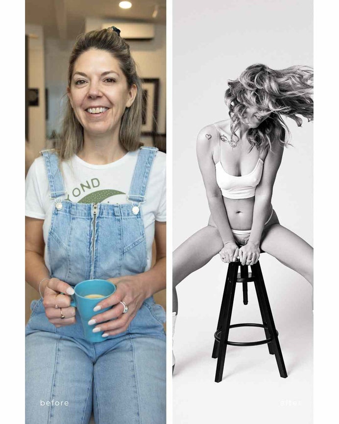 before and after photo of a woman for Fab Over 40 art exhibit, Calgary boudoir studio