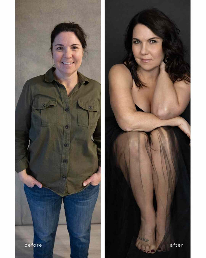 before and after photo of a woman in black tulle, Calgary portrait studio