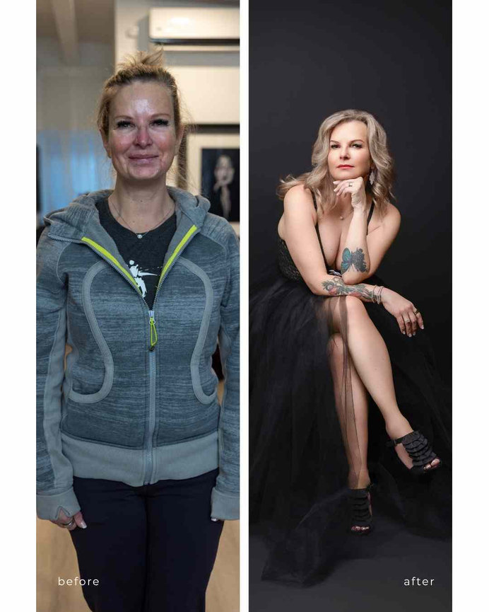 before and after photo of a confident woman with tattoos, Calgary portrait studio