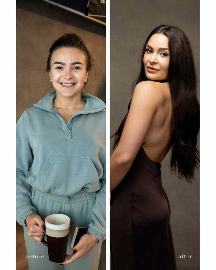 before and after photo of young woman with long brown hair, Calgary portrait studio