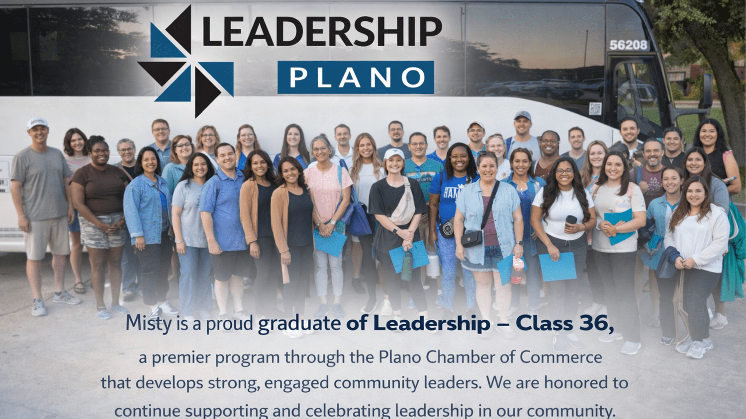 A diverse group of smiling adults stands together in front of a bus with the Leadership Plano logo.