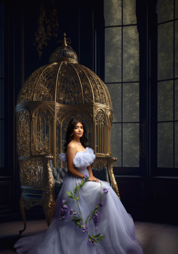 Fine art portrait of woman in flowing gown sitting on ornate chair inside dramatic studio setting.