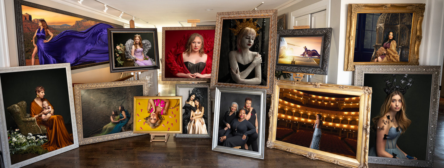 Collection of framed photography wall art samples from Jenny at Braly Studios, offered through in-person sales.