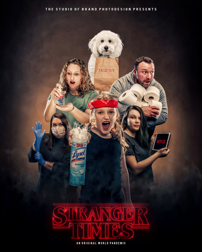 A funny family of five and their dog comically mimicking a Stranger Things poster portraying life during Covid in Fishers Indiana.