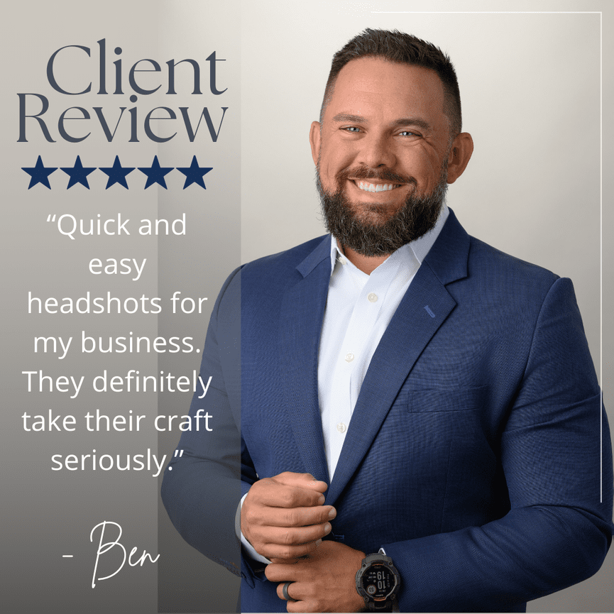 Man in a blue suit smiling; text reads Quick and easy headshots for my business. - Ben.